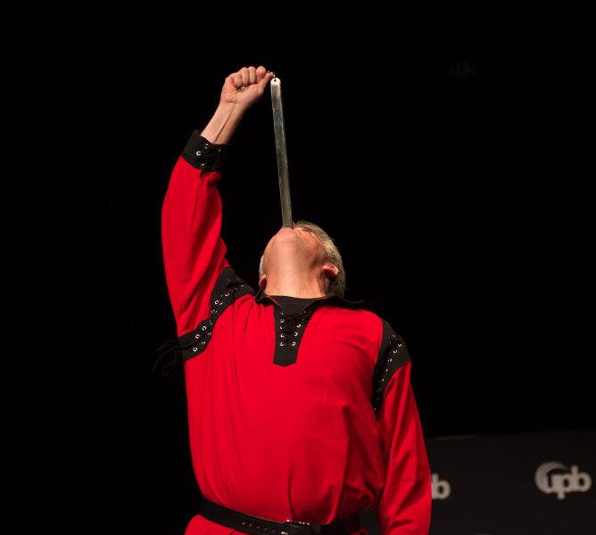Sword Swallower Brad Byers Swallows Giant Pair of Scissors